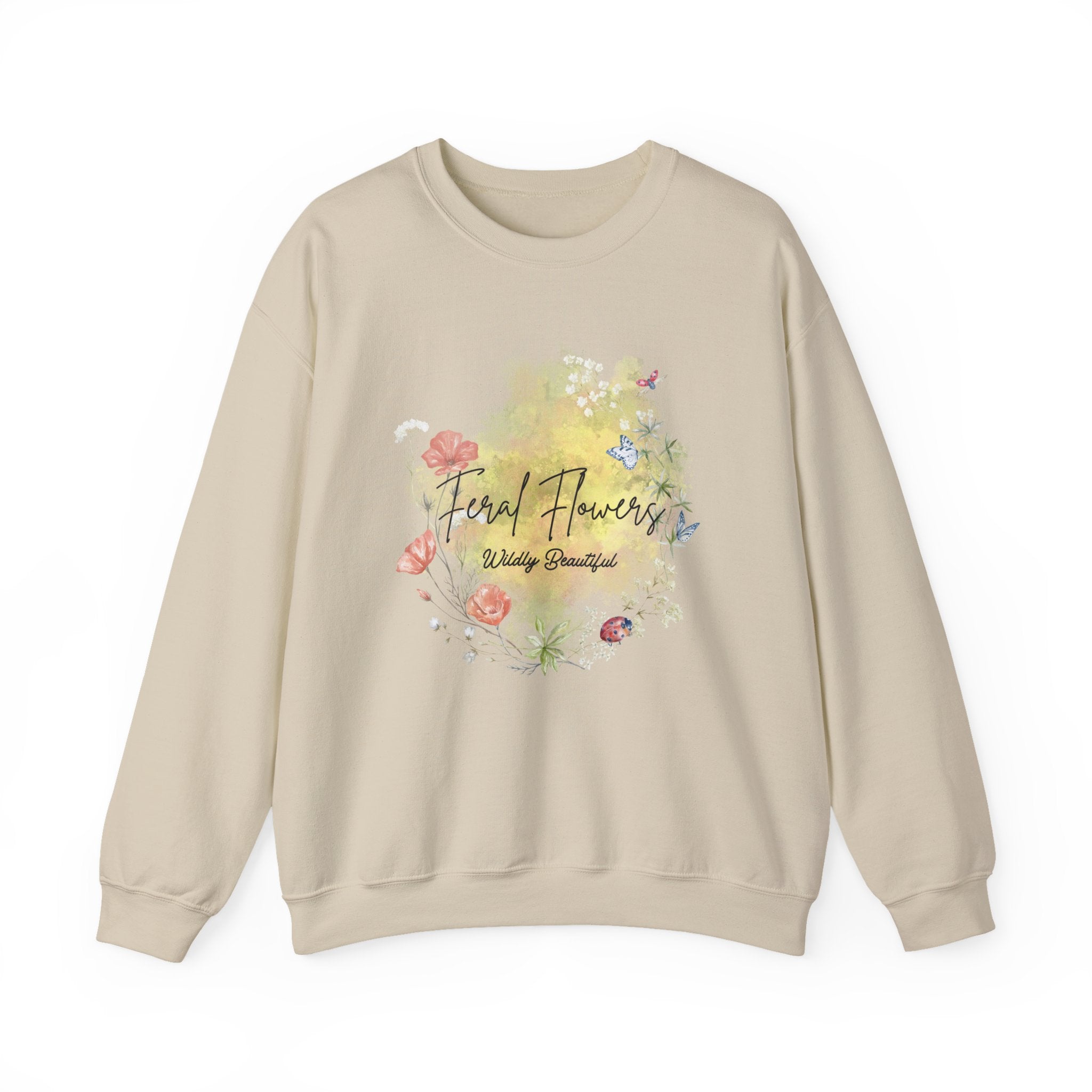 Crewneck Sweatshirt Feral Flowers Wildly Beautiful Slogan Watercolor Ladybugs Butterflies Floral Wreath