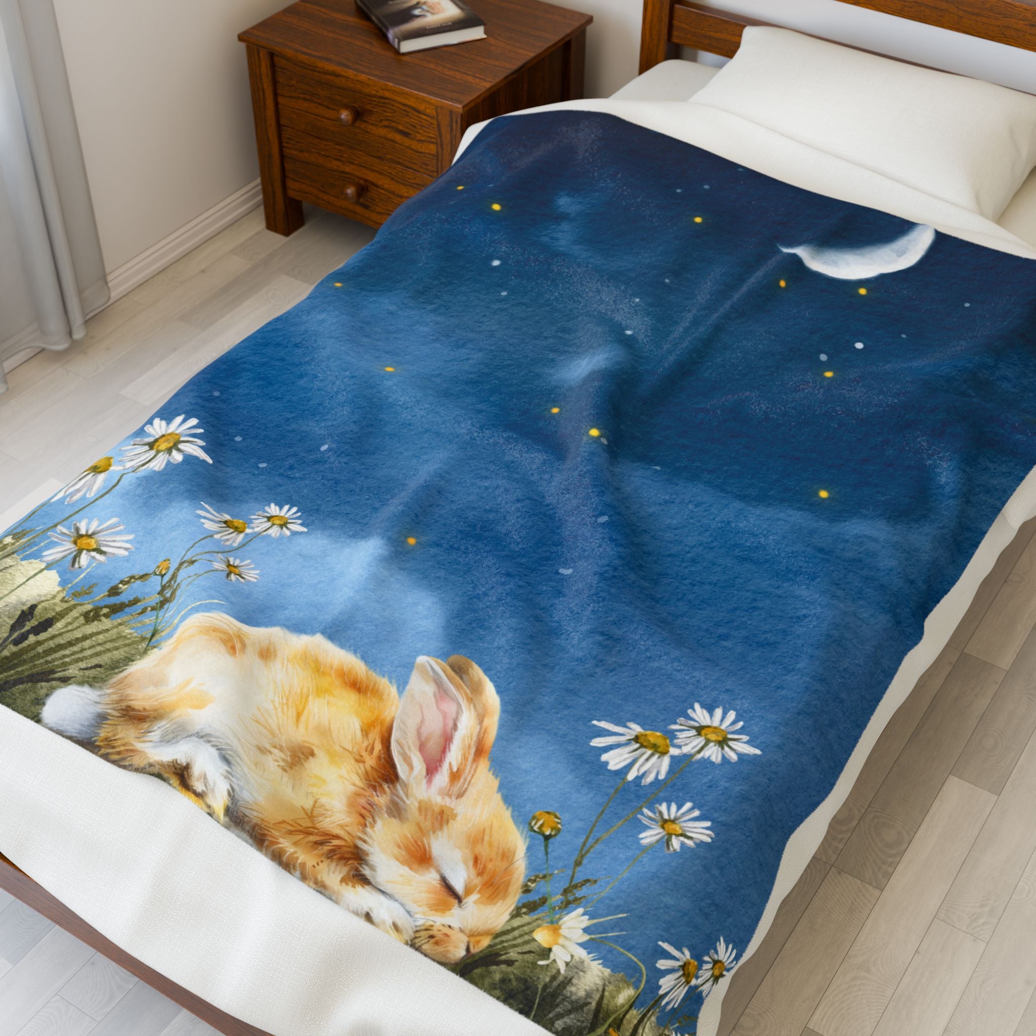 Dreamy Bunny Velveteen Plush Blanket | Cozy Throw for Kids, Nursery Decor, Baby Shower Gift, Easter Blanket, Starry Night