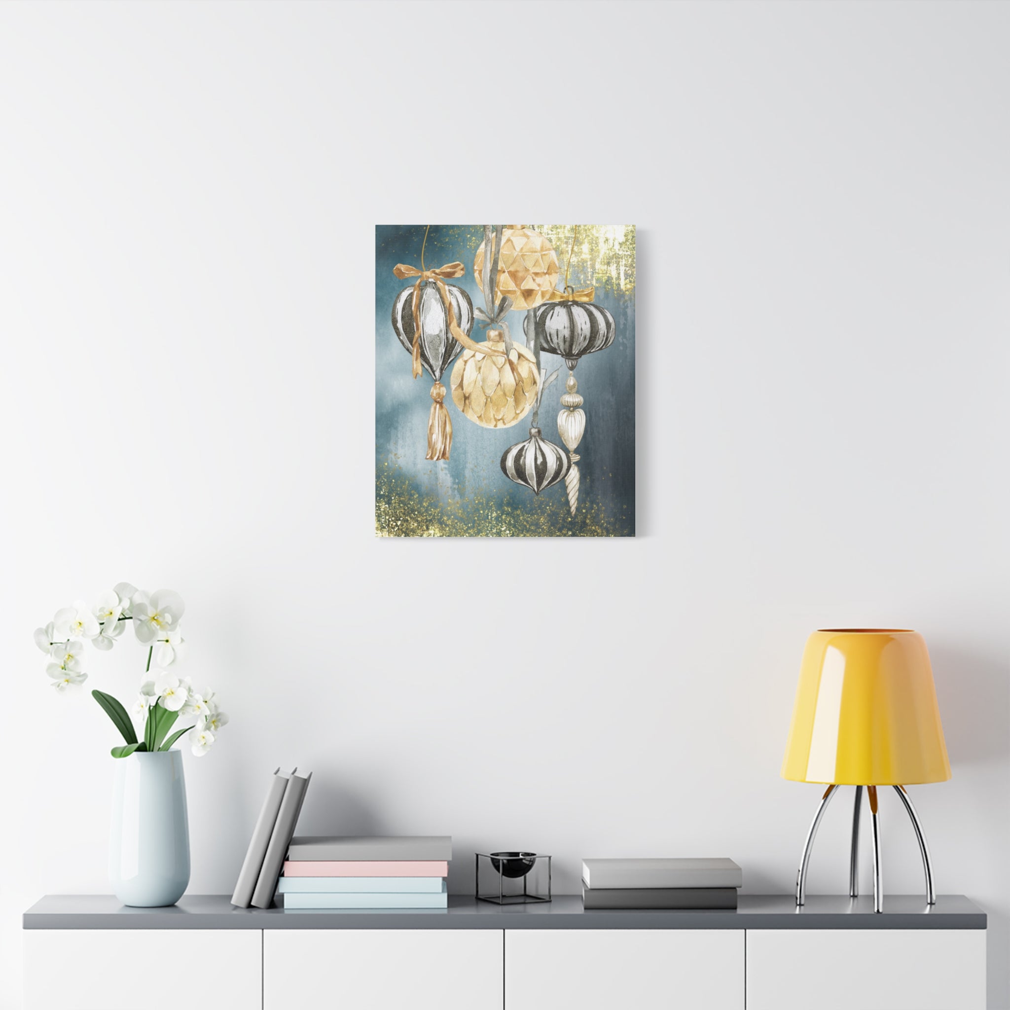 Holiday Ornament Wall Art Canvas — Gold & Teal Christmas Decorations