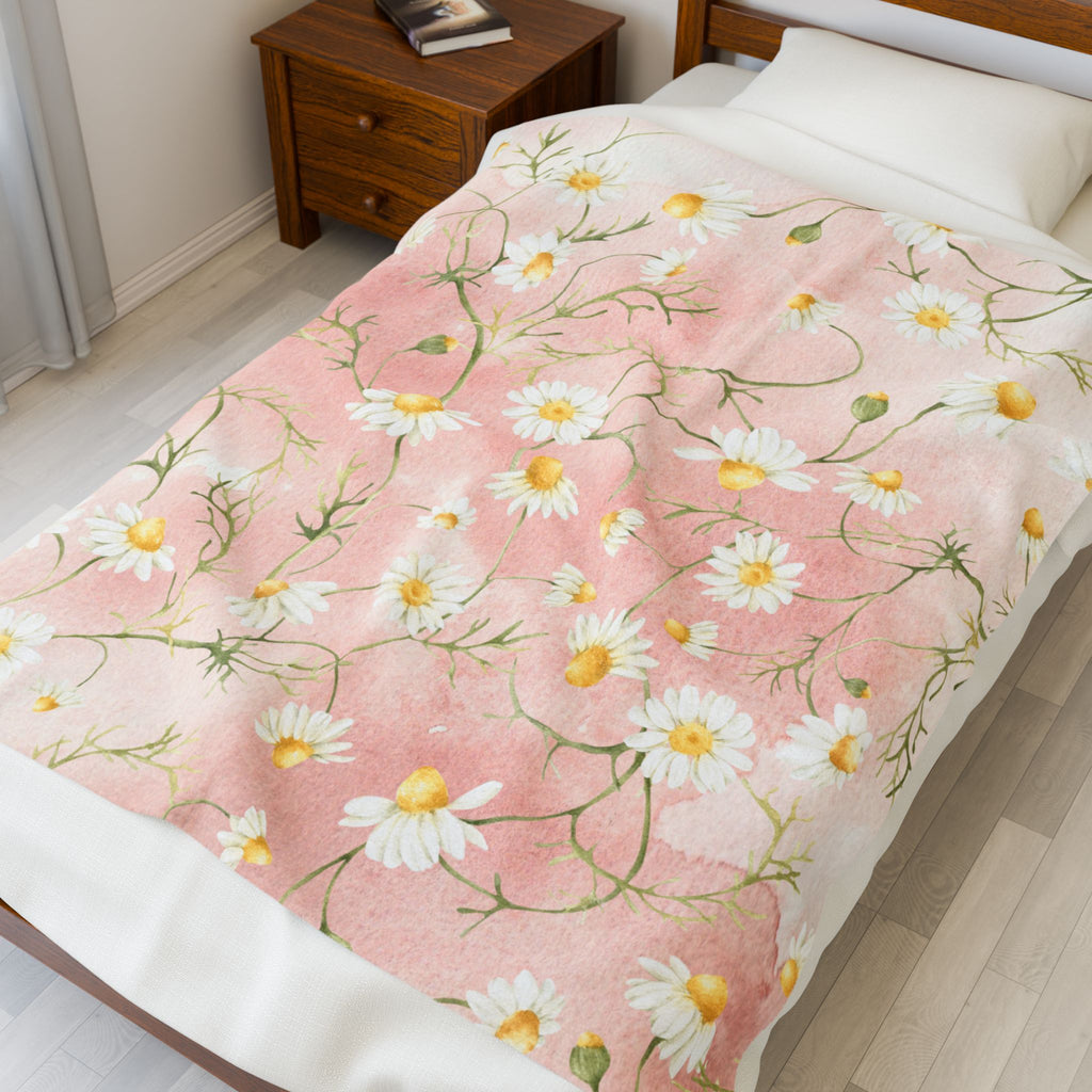 Daisy Meadow Throw Blanket | Pink Floral Velveteen Plush Blanket