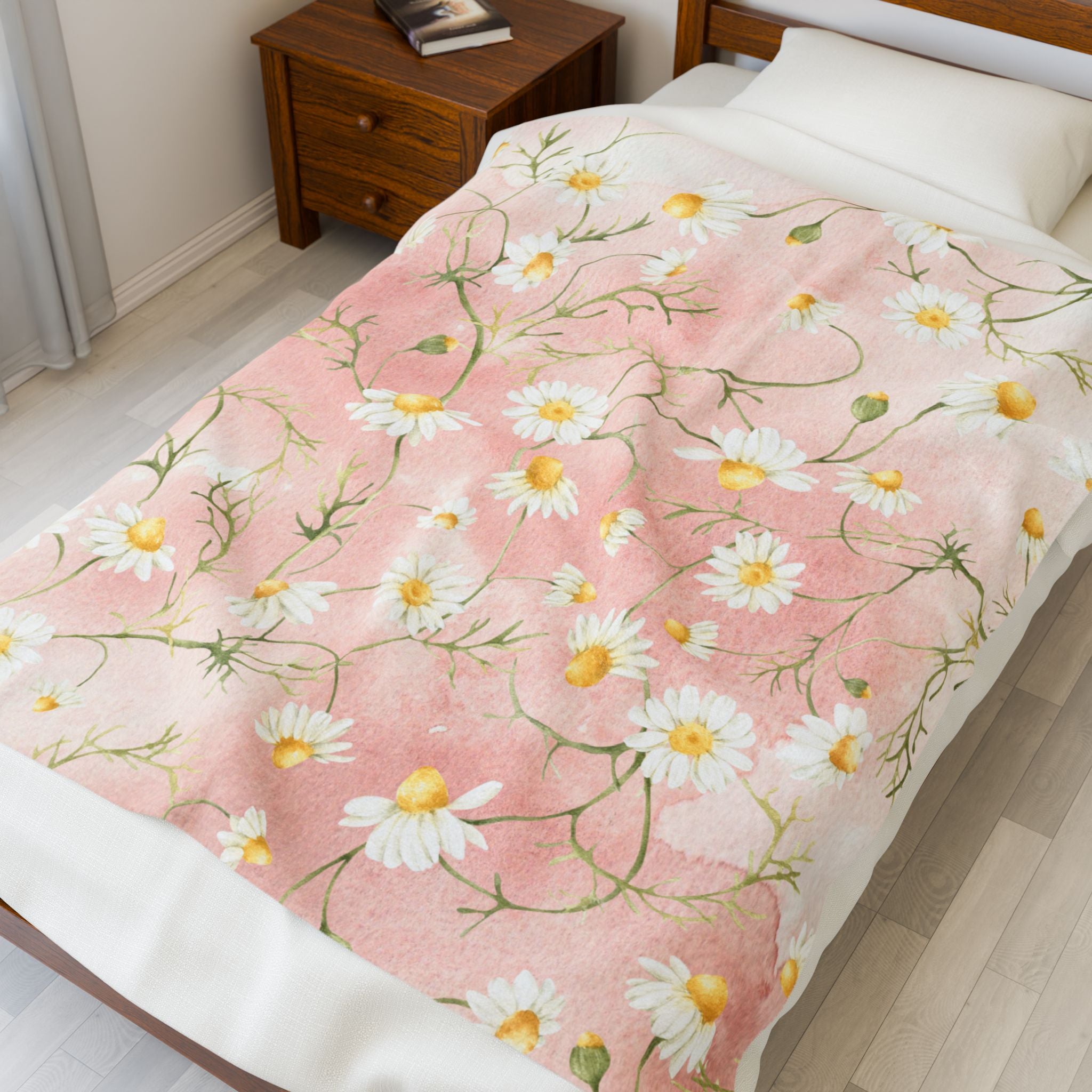 Daisy Meadow Throw Blanket | Pink Floral Velveteen Plush Blanket