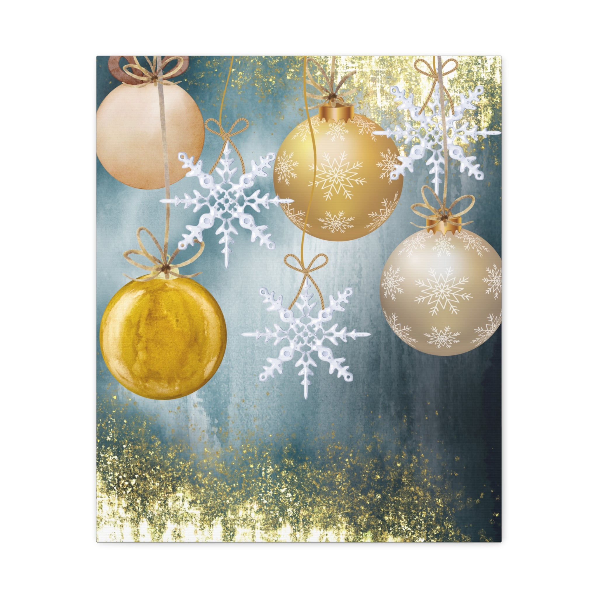 Holiday Ornament Canvas Print — Gold Baubles & Snowflakes Matte Wall Art