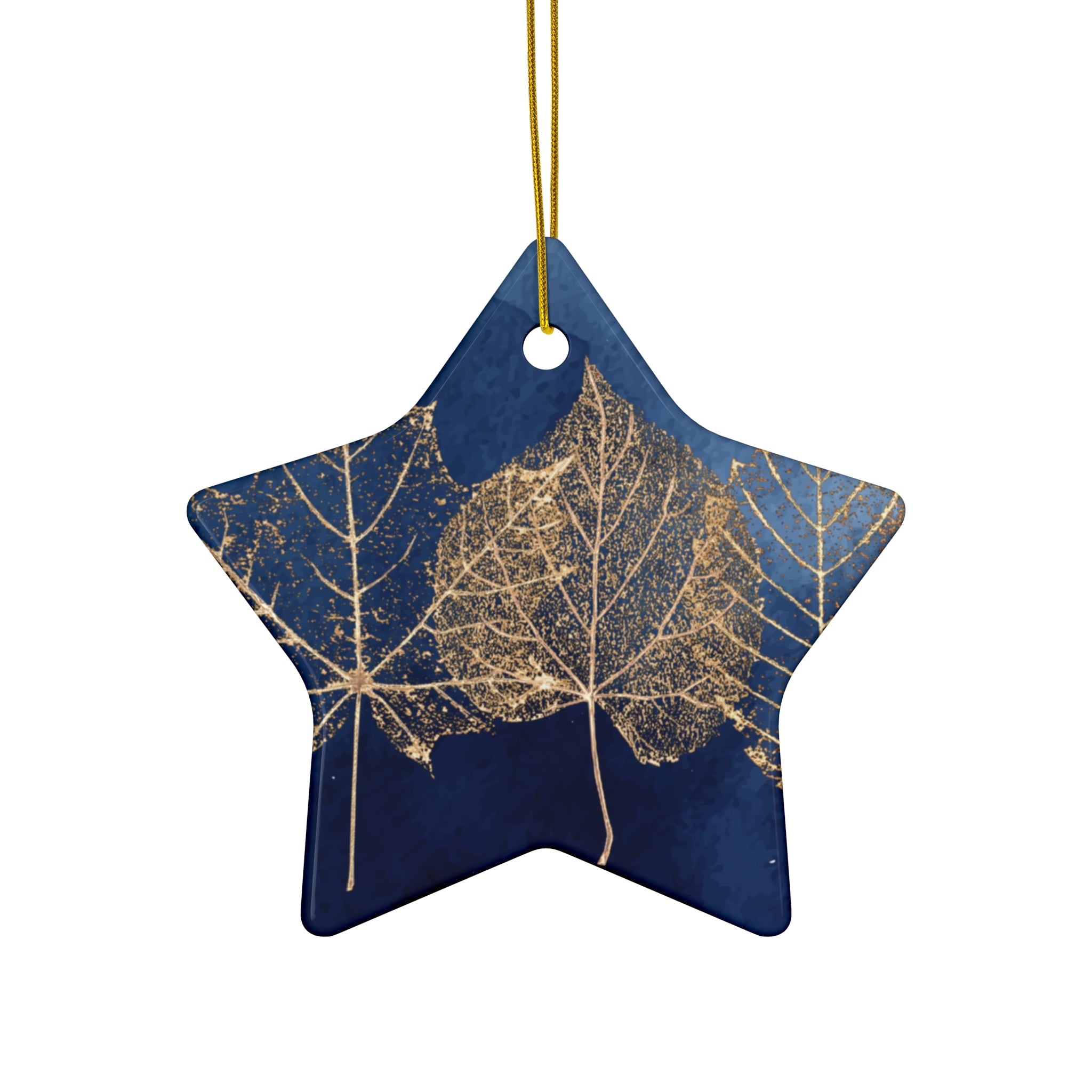 Ceramic Ornament - Navy Blue with Gold Leaves