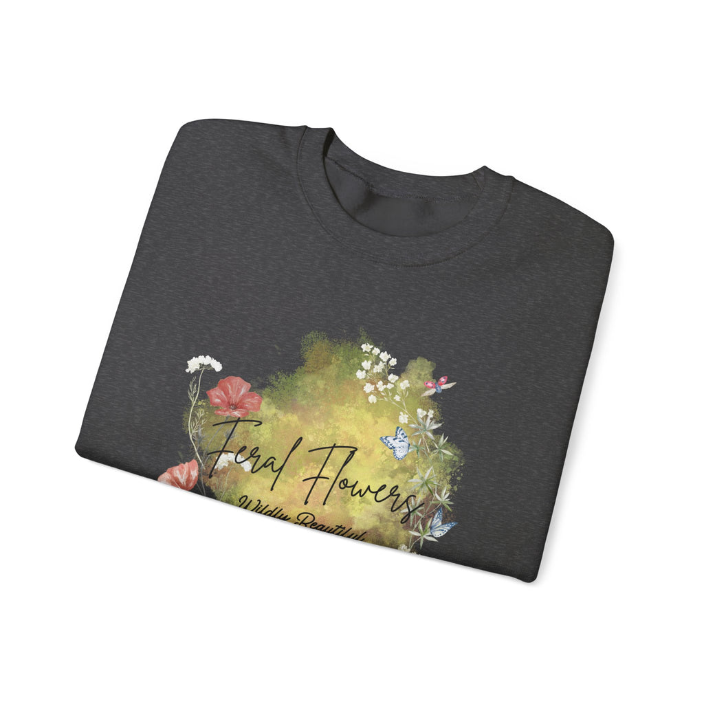 Crewneck Sweatshirt Feral Flowers Wildly Beautiful Slogan Watercolor Ladybugs Butterflies Floral Wreath