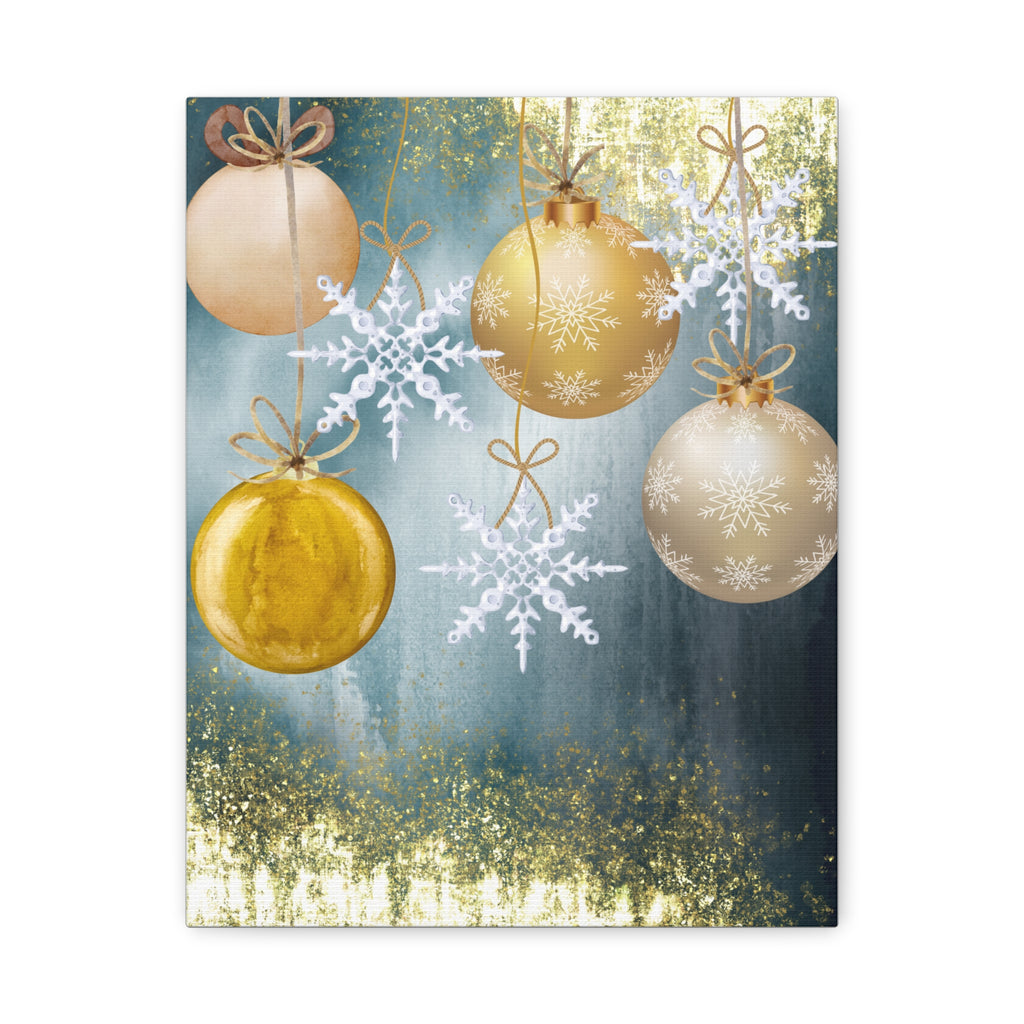Holiday Ornament Canvas Print — Gold Baubles & Snowflakes Matte Wall Art