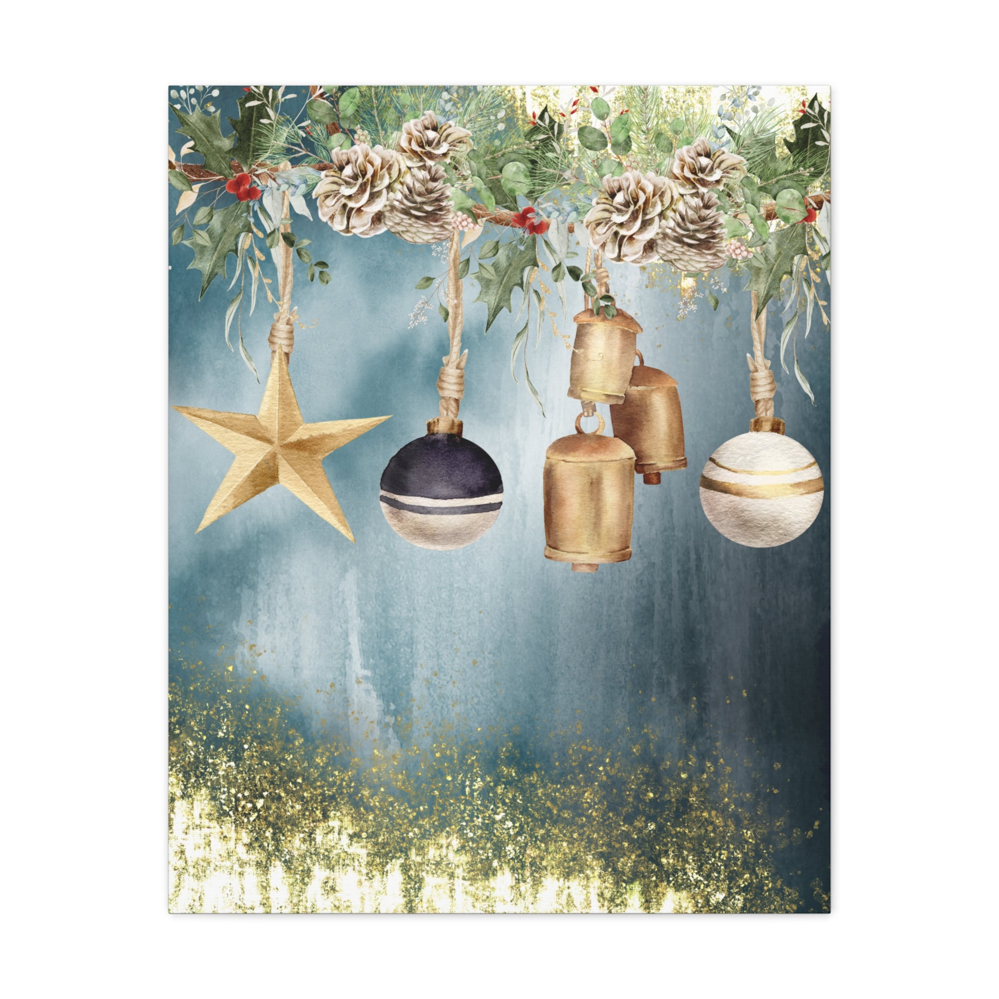 Christmas Ornaments Canvas Wall Art – Festive Gold Bells & Pine Garland Matte Print