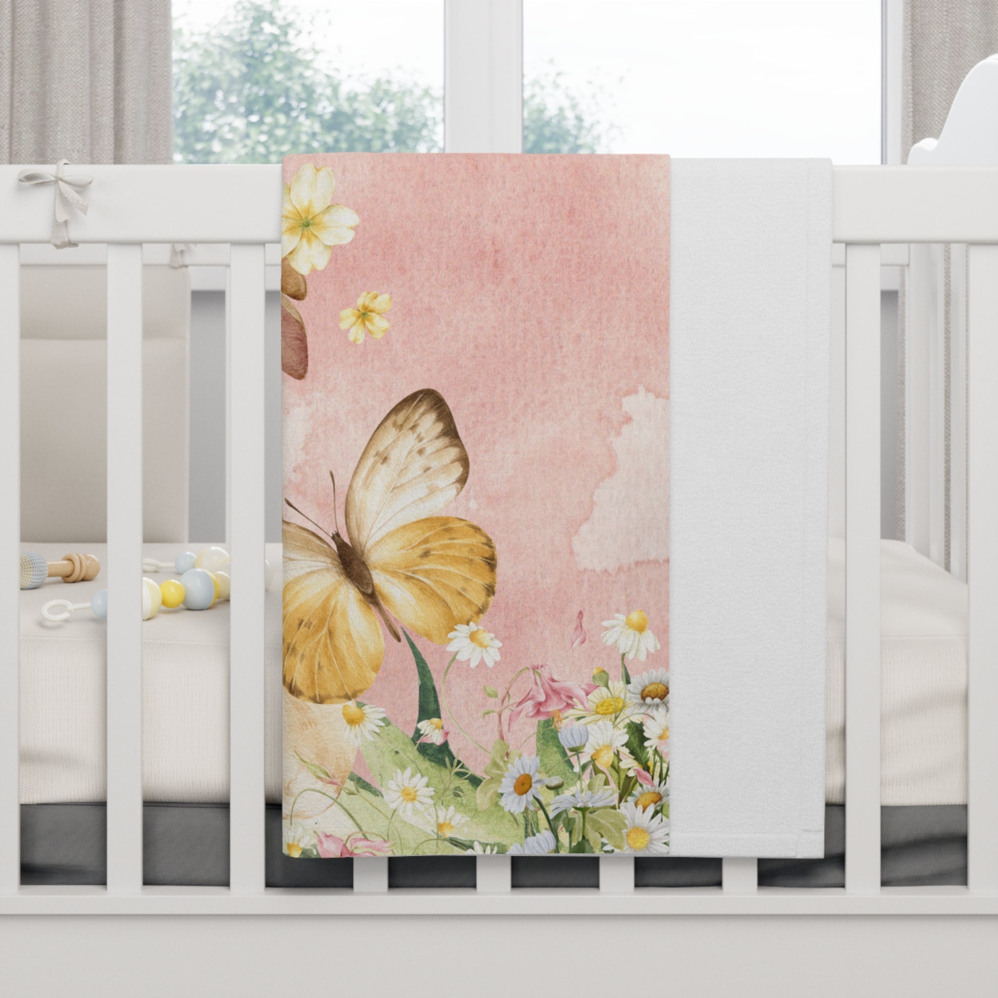 Watercolor Bunny and Butterflies Baby Blanket | Soft Fleece Throw