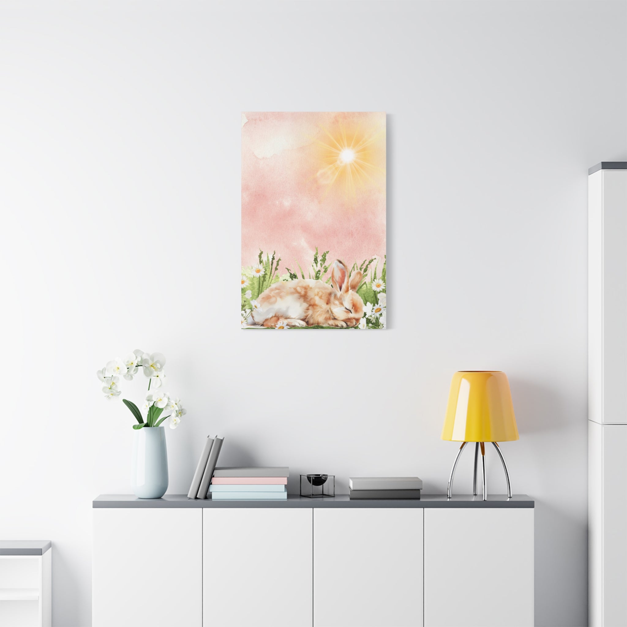 Canvas Print - Baby Bunny Napping among Flowers Watercolor Inspired Vintage Vibe