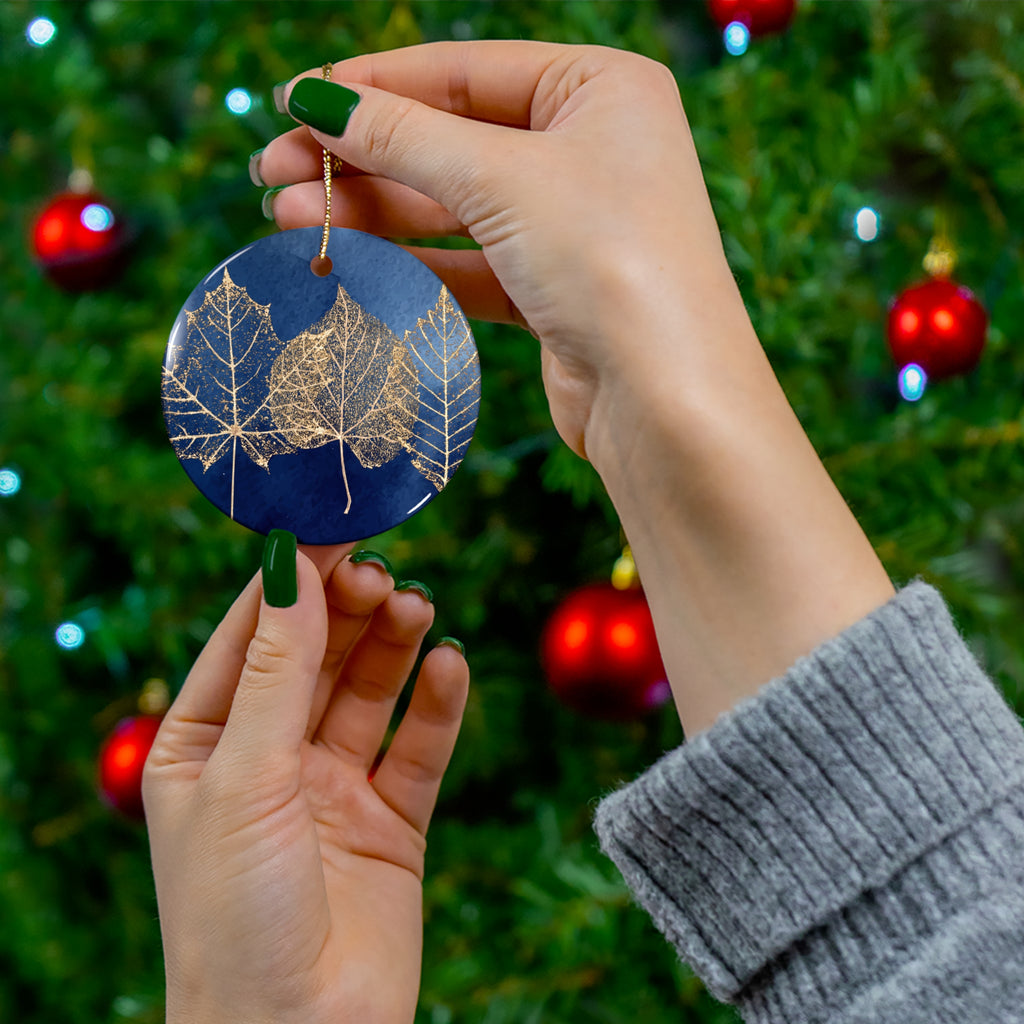 Ceramic Ornament - Navy Blue with Gold Leaves
