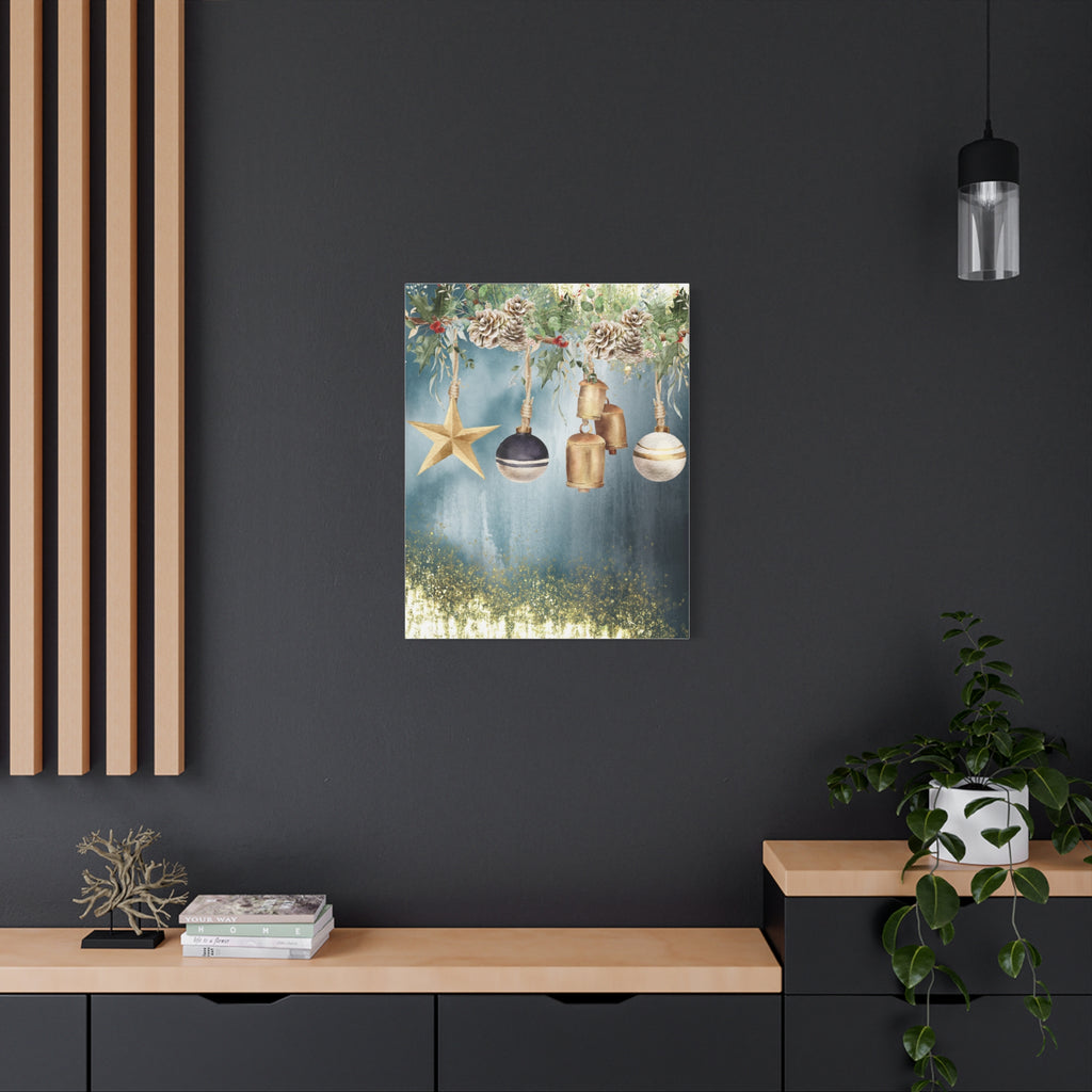 Christmas Ornaments Canvas Wall Art – Festive Gold Bells & Pine Garland Matte Print