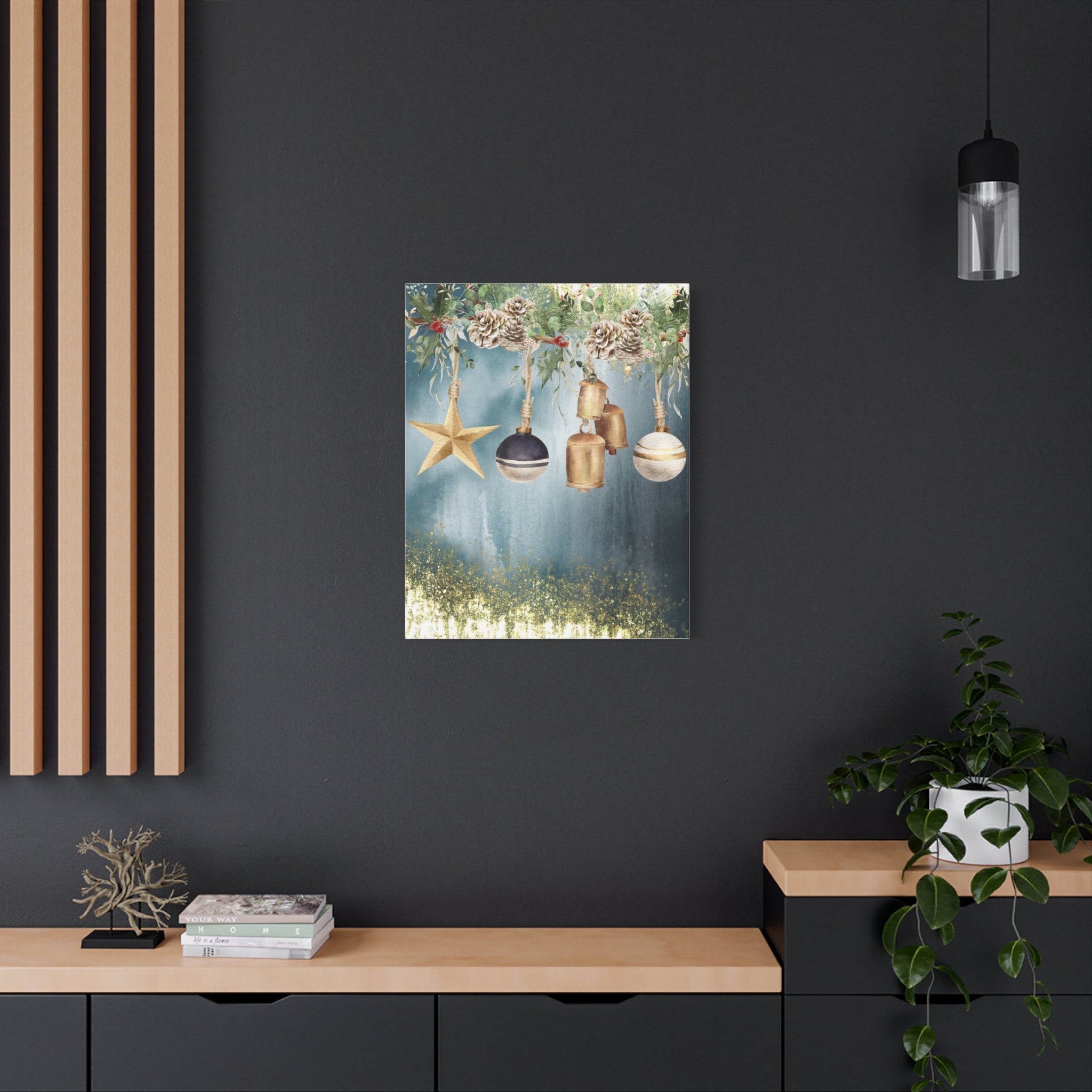 Christmas Ornaments Canvas Wall Art – Festive Gold Bells & Pine Garland Matte Print