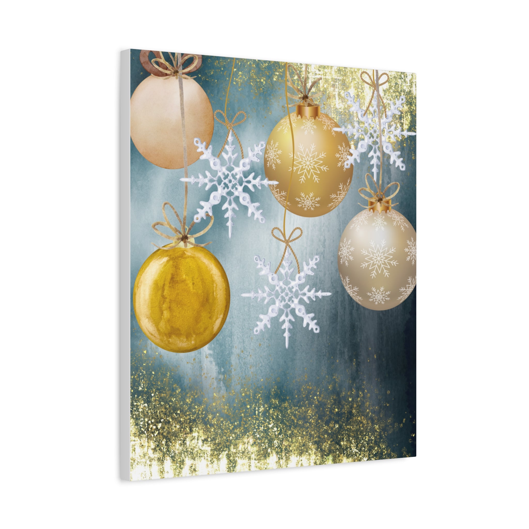 Holiday Ornament Canvas Print — Gold Baubles & Snowflakes Matte Wall Art