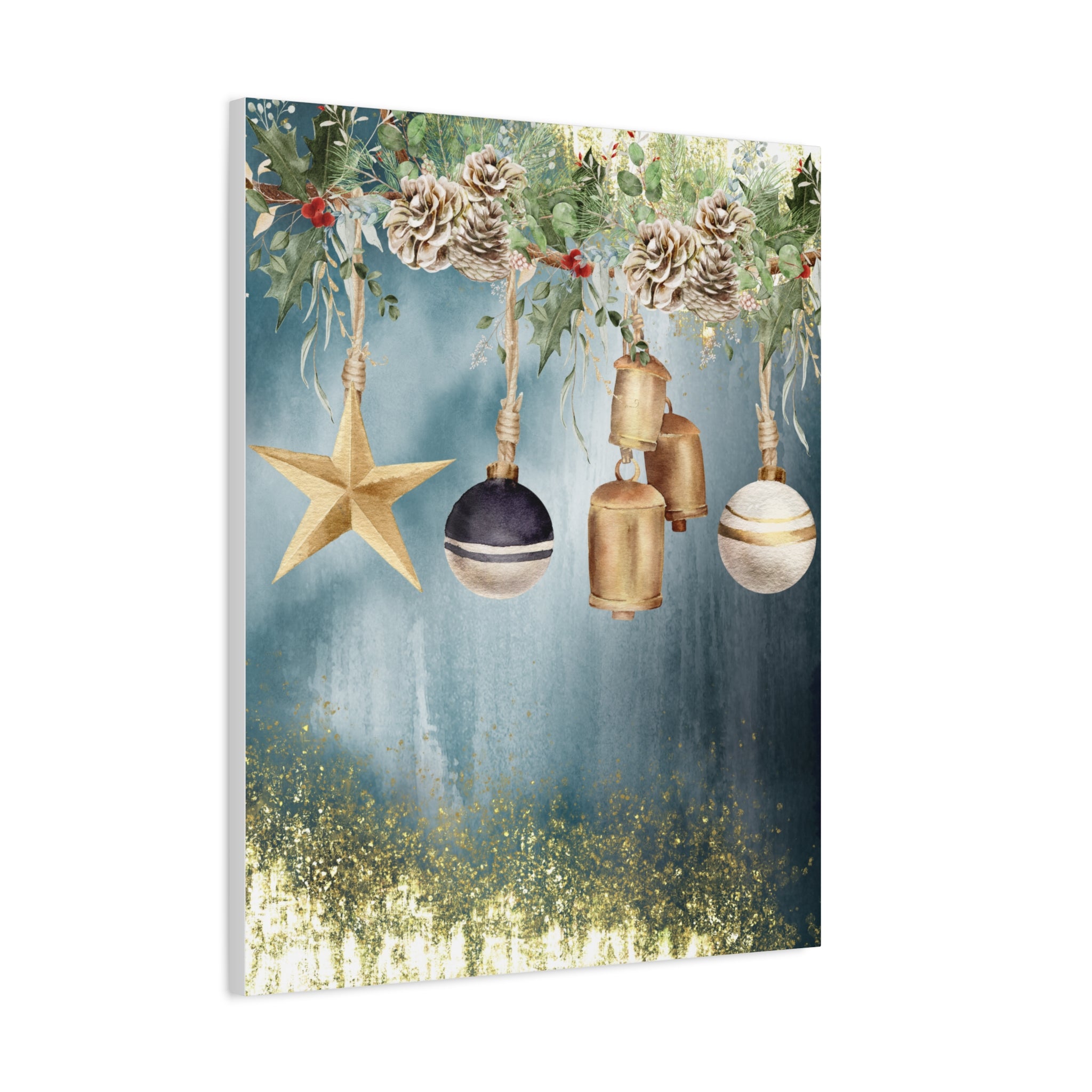 Christmas Ornaments Canvas Wall Art – Festive Gold Bells & Pine Garland Matte Print