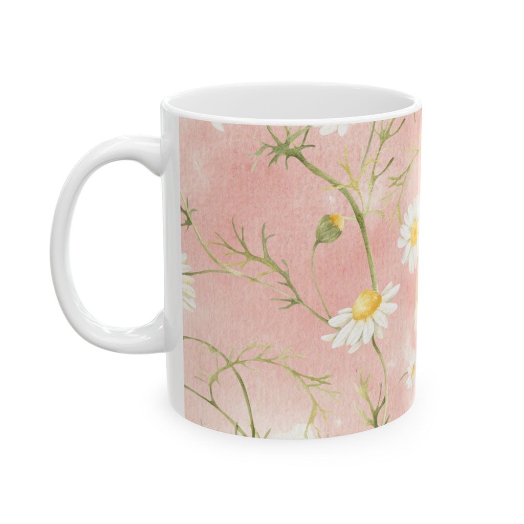 Daisy Pattern Pink Background Mug | Ceramic Coffee Cup
