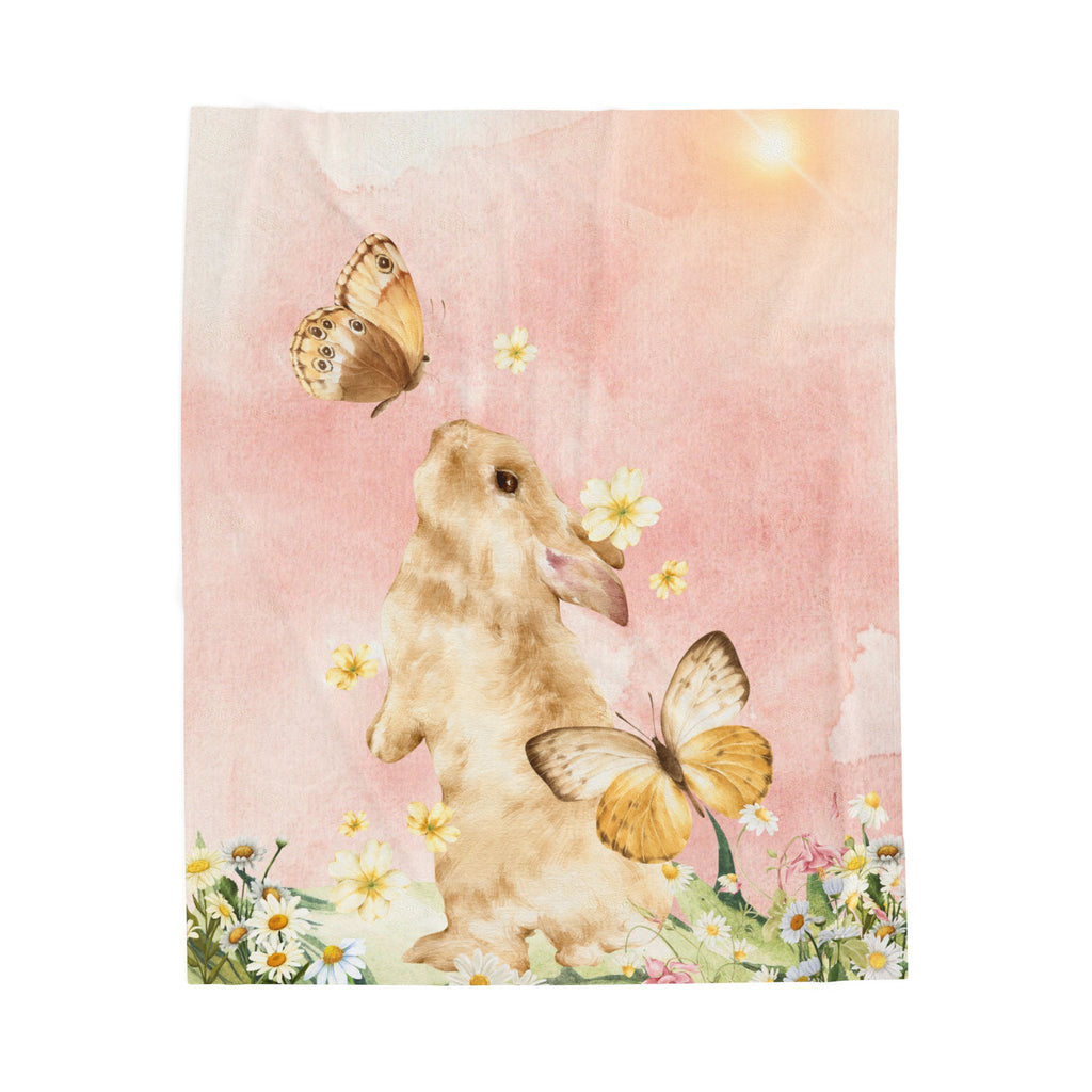 Bunny and Butterflies Velveteen Plush Blanket | Floral Spring Nursery Throw