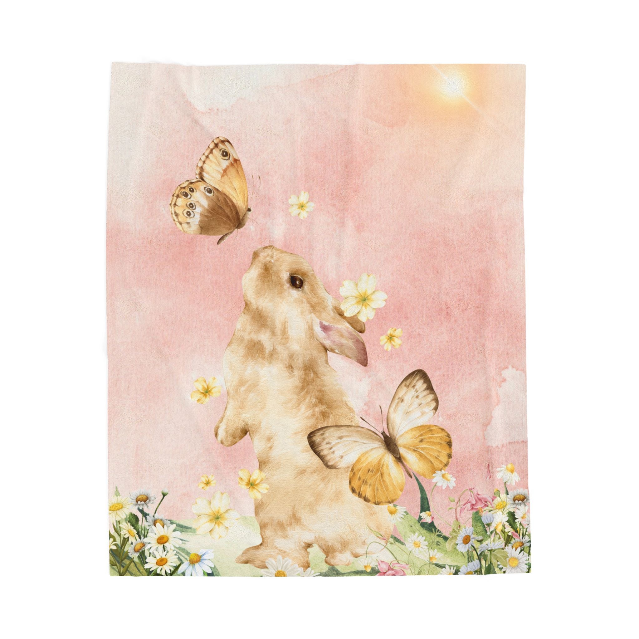 Bunny and Butterflies Velveteen Plush Blanket | Floral Spring Nursery Throw