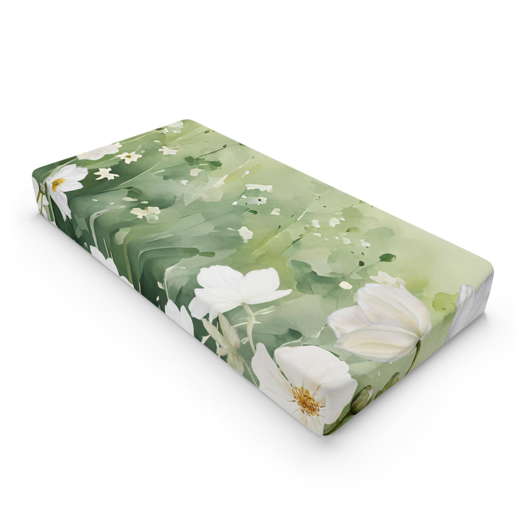 Floral Baby Changing Pad Cover - Soft Green & White Bloom Design