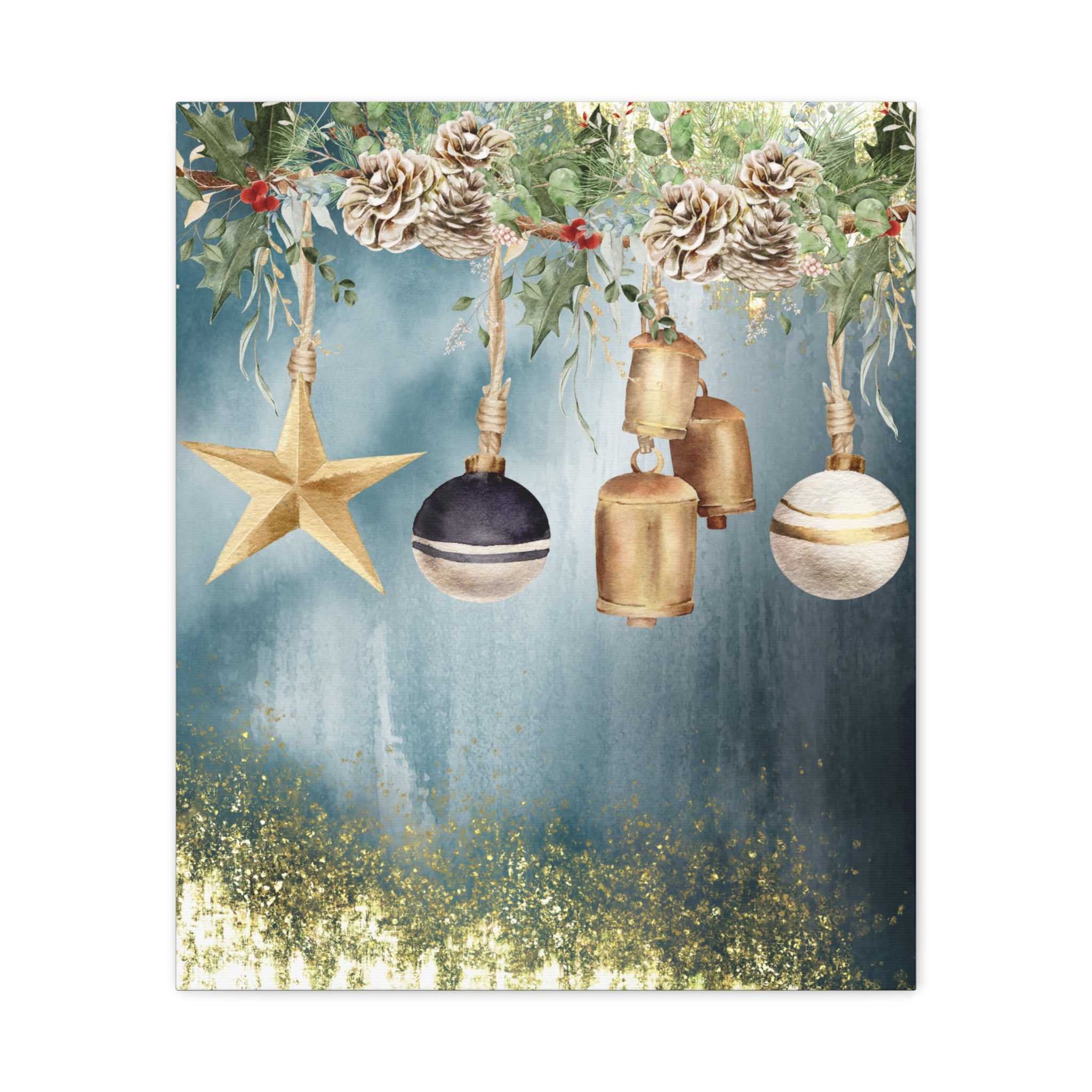 Christmas Ornaments Canvas Wall Art – Festive Gold Bells & Pine Garland Matte Print