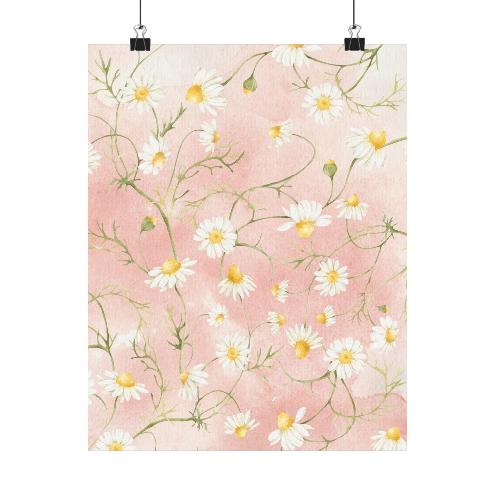 Daisy Watercolor Pattern Matte Vertical Poster | Pink Floral Wall Art