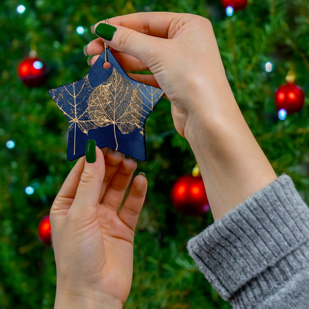 Ceramic Ornament - Navy Blue with Gold Leaves