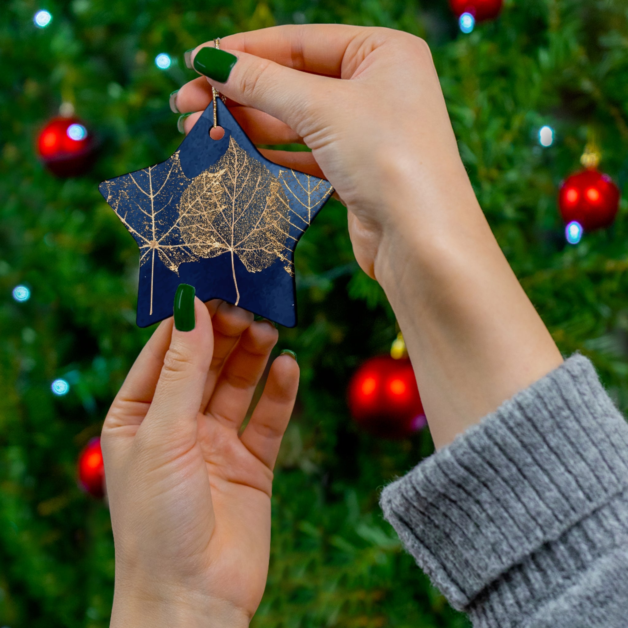 Ceramic Ornament - Navy Blue with Gold Leaves
