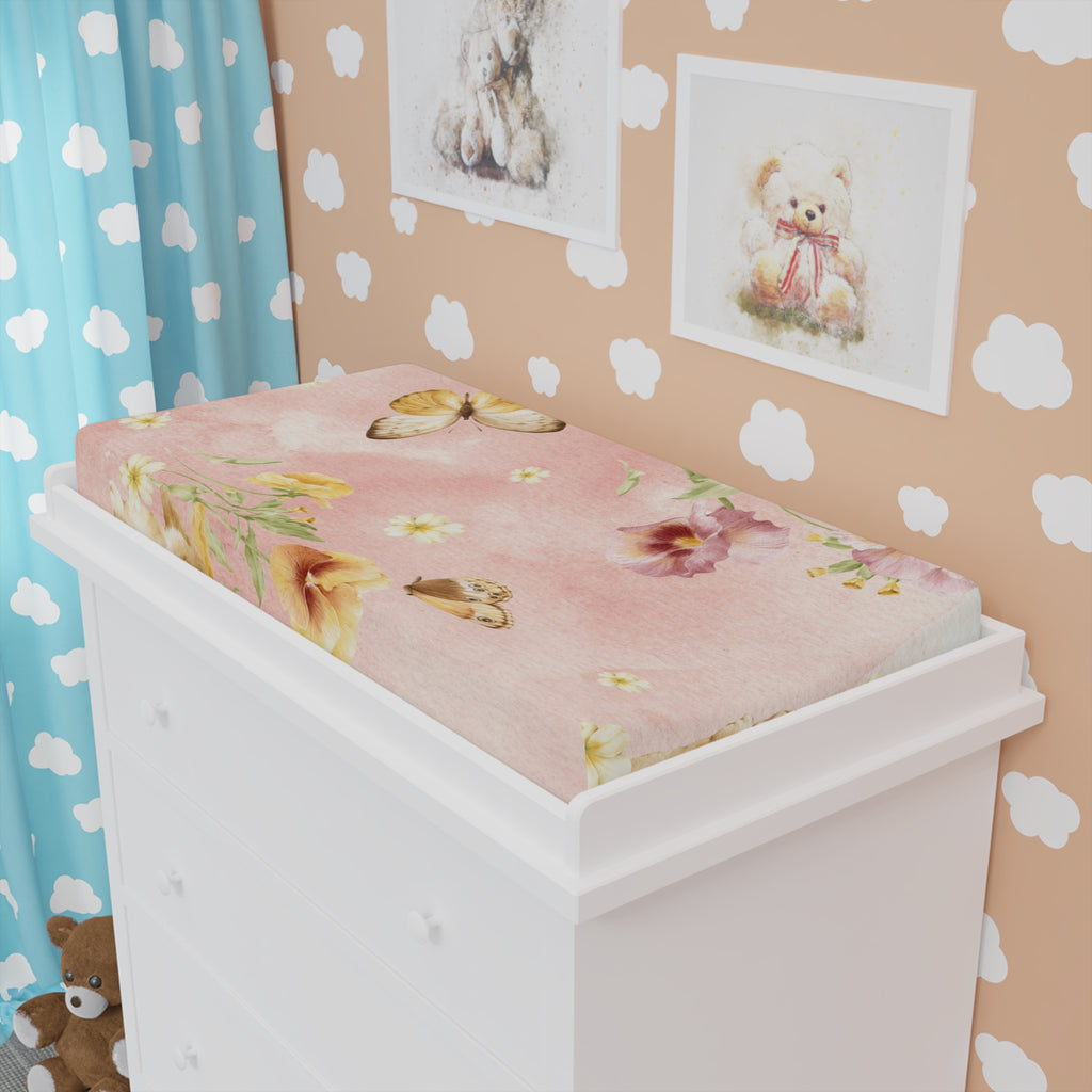Butterfly Floral Baby Changing Pad Cover | Pink Nursery Watercolor Flowers