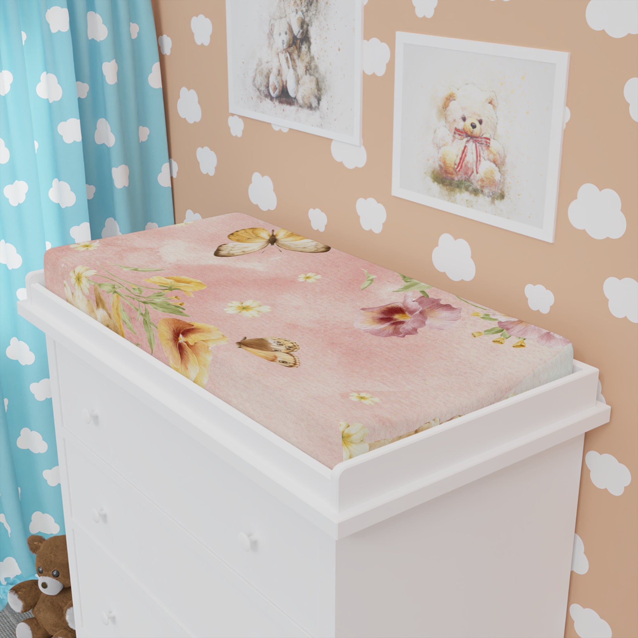 Butterfly Floral Baby Changing Pad Cover | Pink Nursery Watercolor Flowers