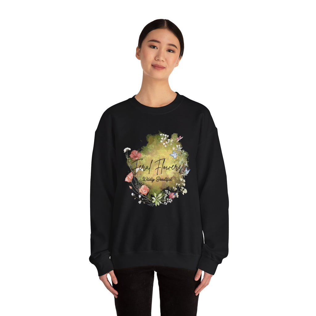 Crewneck Sweatshirt Feral Flowers Wildly Beautiful Slogan Watercolor Ladybugs Butterflies Floral Wreath