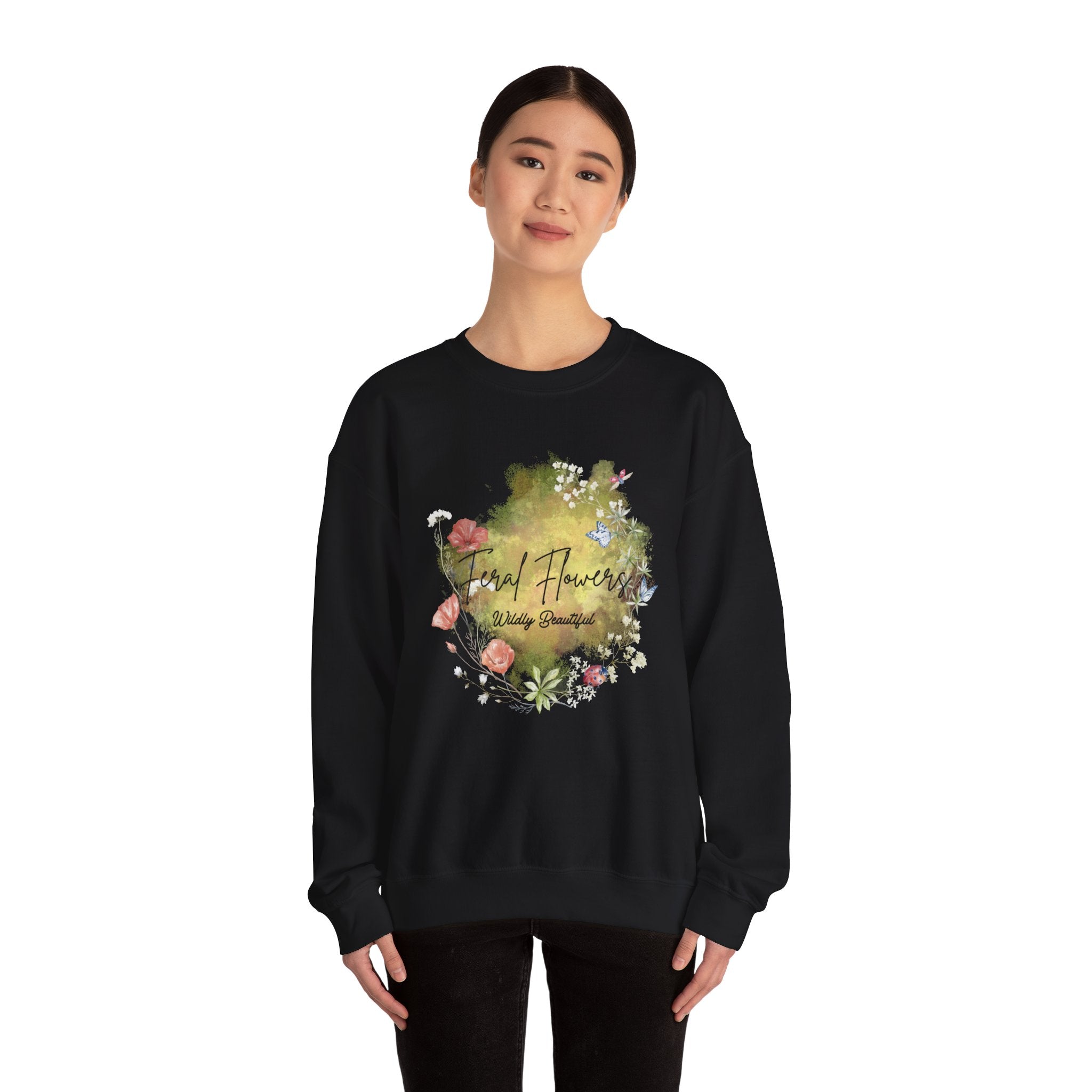 Crewneck Sweatshirt Feral Flowers Wildly Beautiful Slogan Watercolor Ladybugs Butterflies Floral Wreath