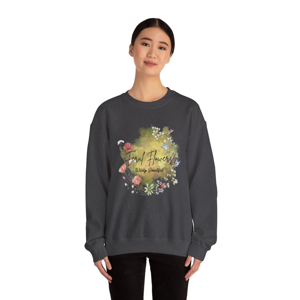 Crewneck Sweatshirt Feral Flowers Wildly Beautiful Slogan Watercolor Ladybugs Butterflies Floral Wreath