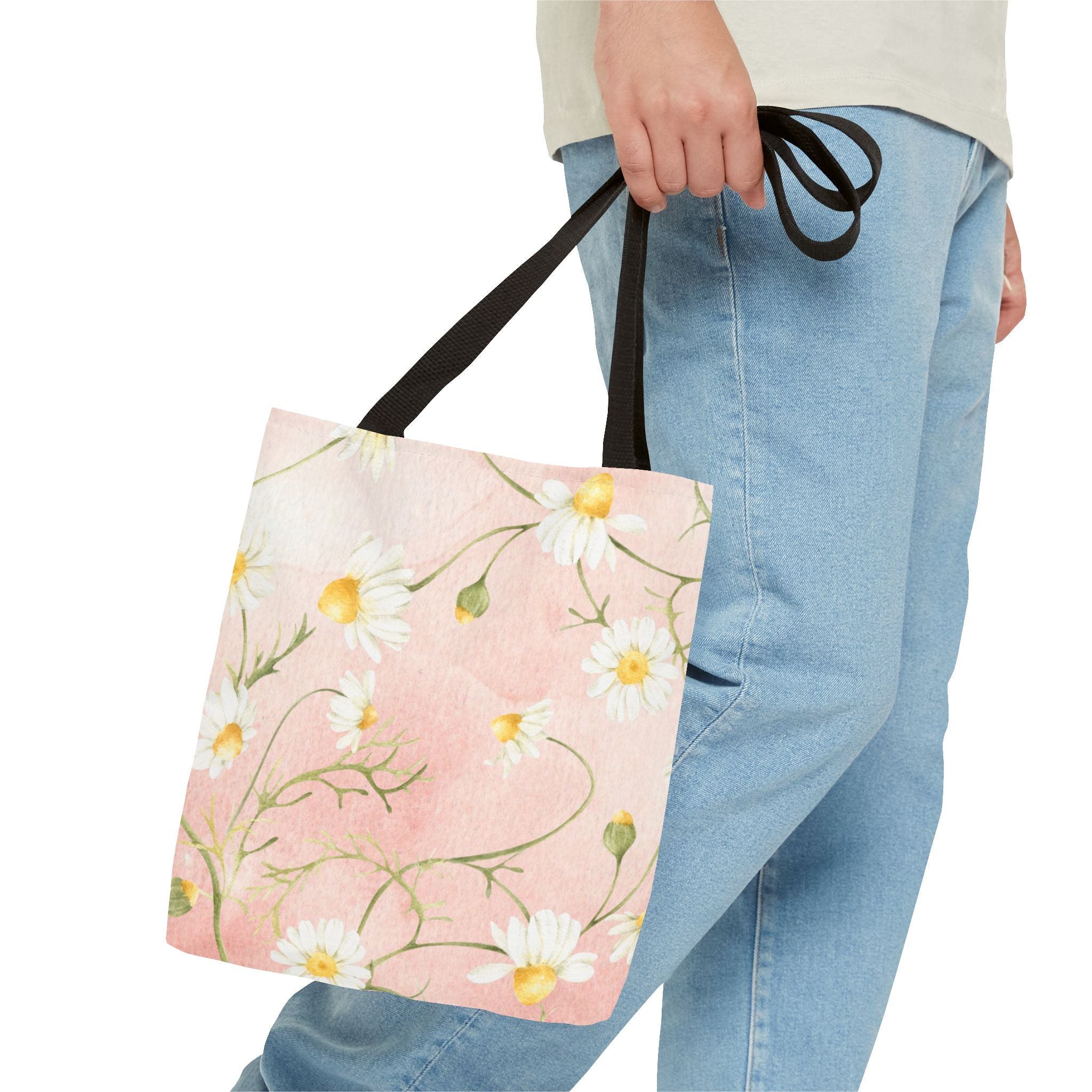 Dainty Daisy Floral Tote Bag | Pink Watercolor Daisies, All-Over Print