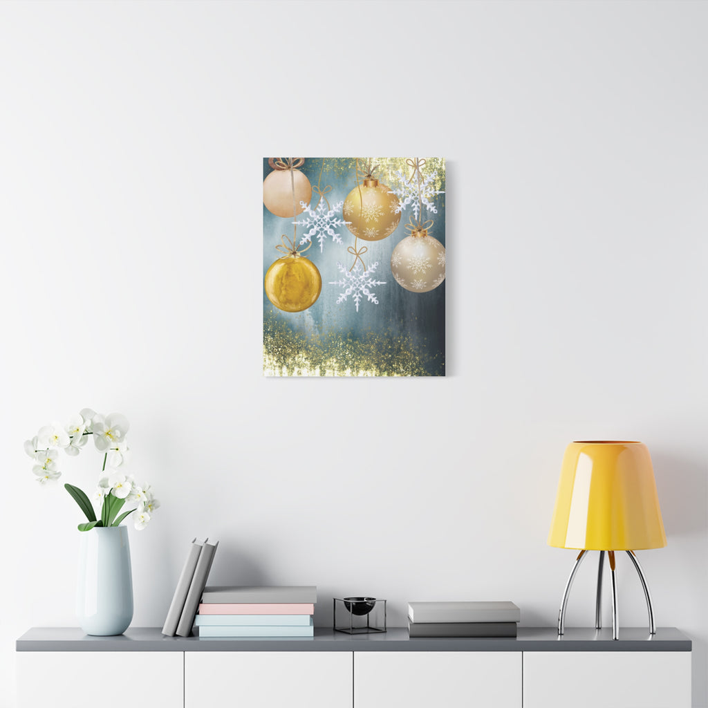 Holiday Ornament Canvas Print — Gold Baubles & Snowflakes Matte Wall Art