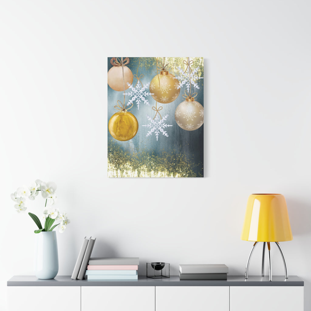 Holiday Ornament Canvas Print — Gold Baubles & Snowflakes Matte Wall Art