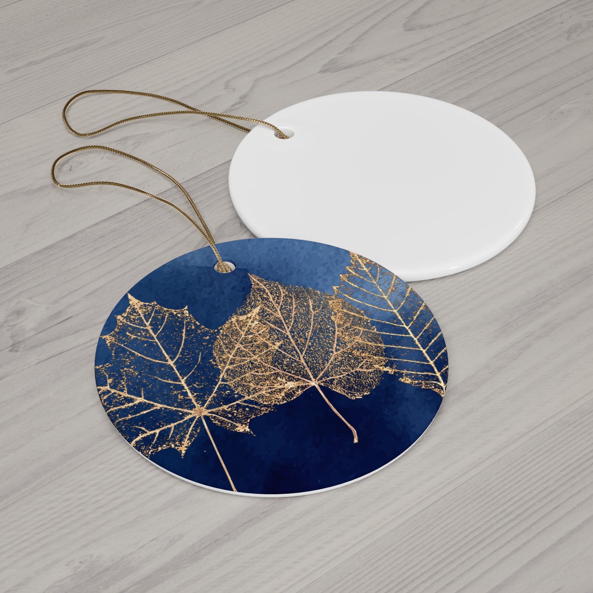 Ceramic Ornament - Navy Blue with Gold Leaves