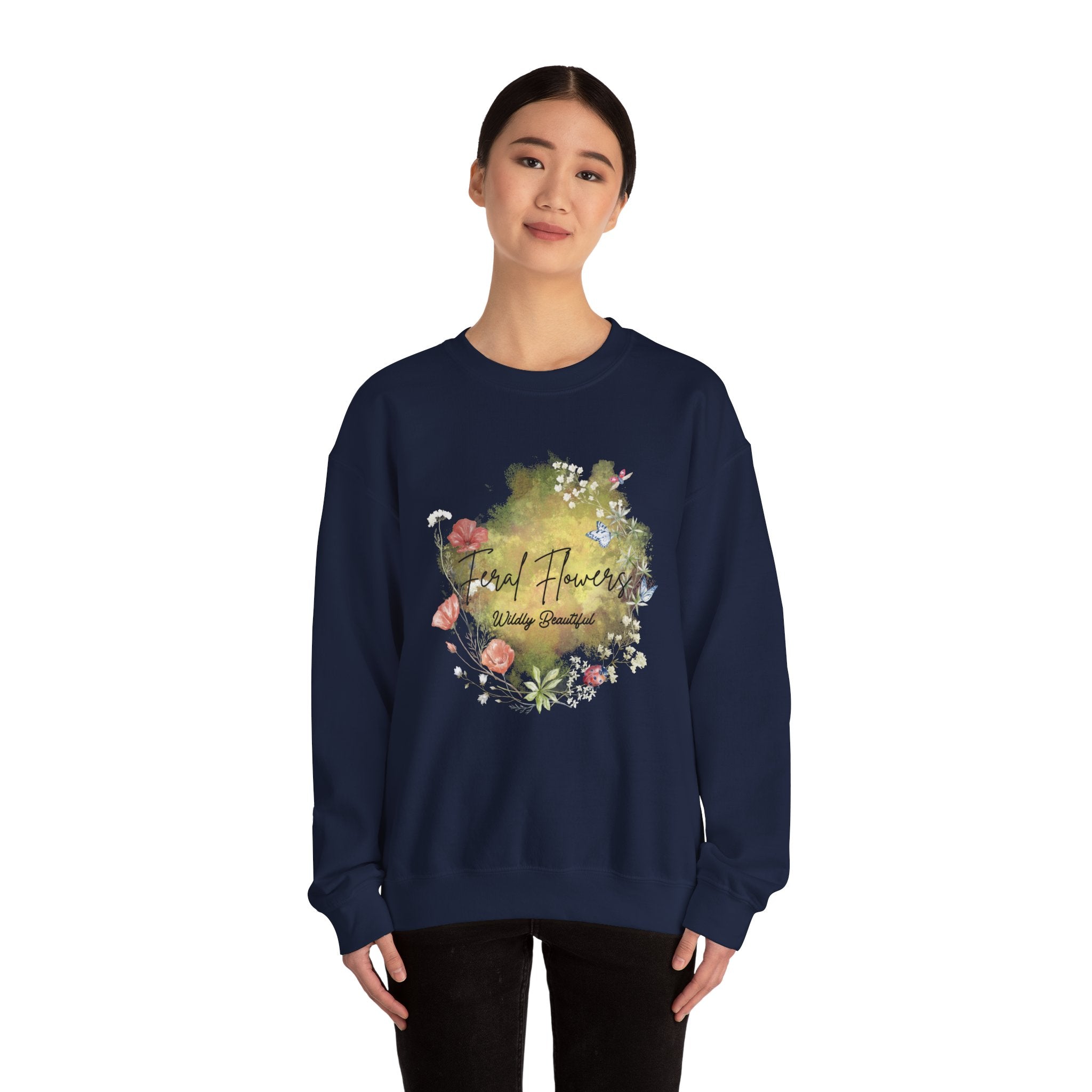 Crewneck Sweatshirt Feral Flowers Wildly Beautiful Slogan Watercolor Ladybugs Butterflies Floral Wreath