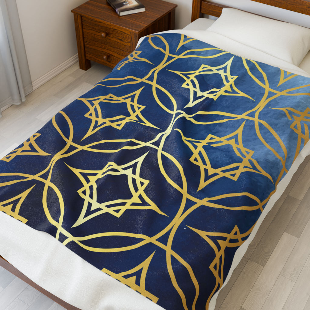 Plush Blanket - Elegant Navy Blue and Gold Geometric Design