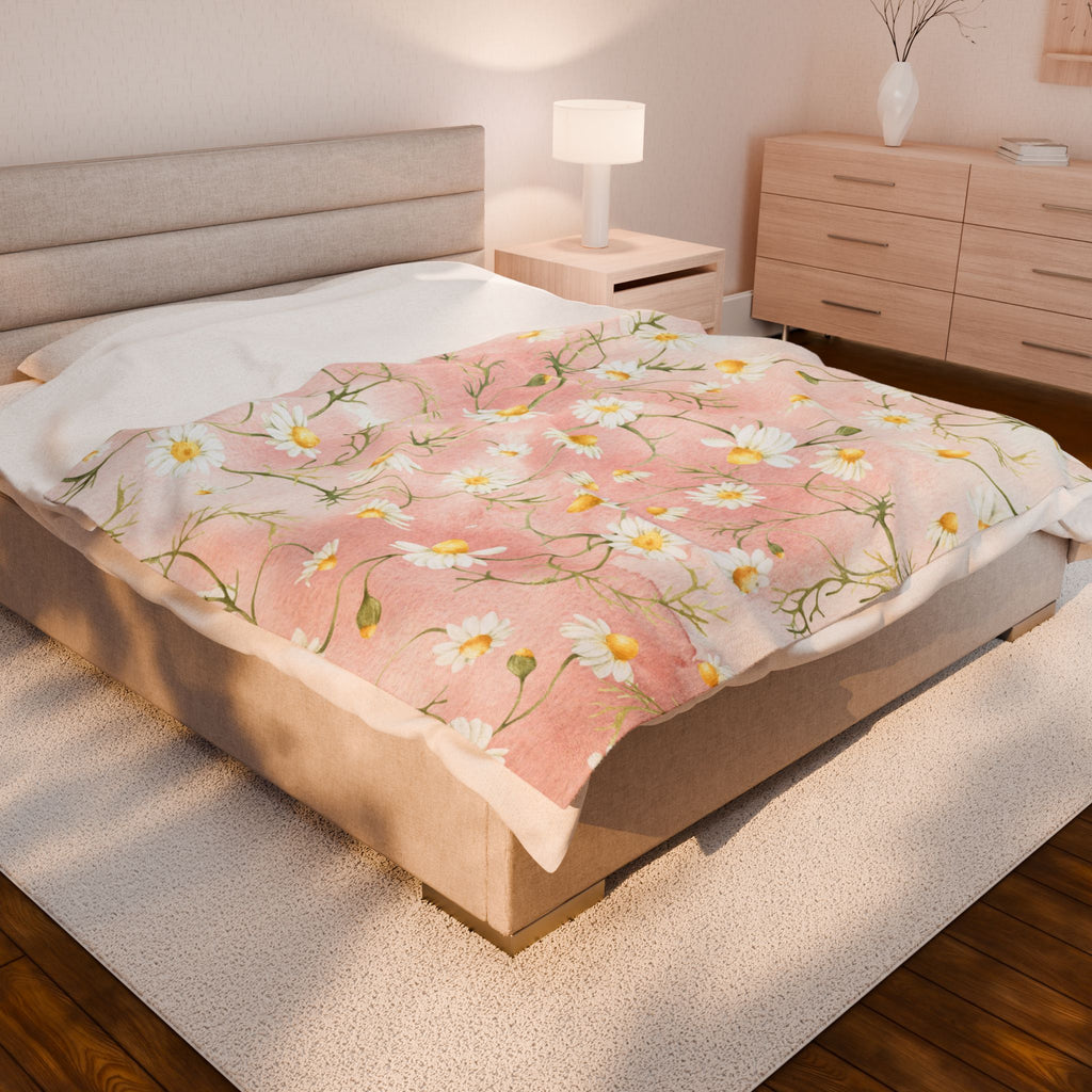 Daisy Meadow Throw Blanket | Pink Floral Velveteen Plush Blanket