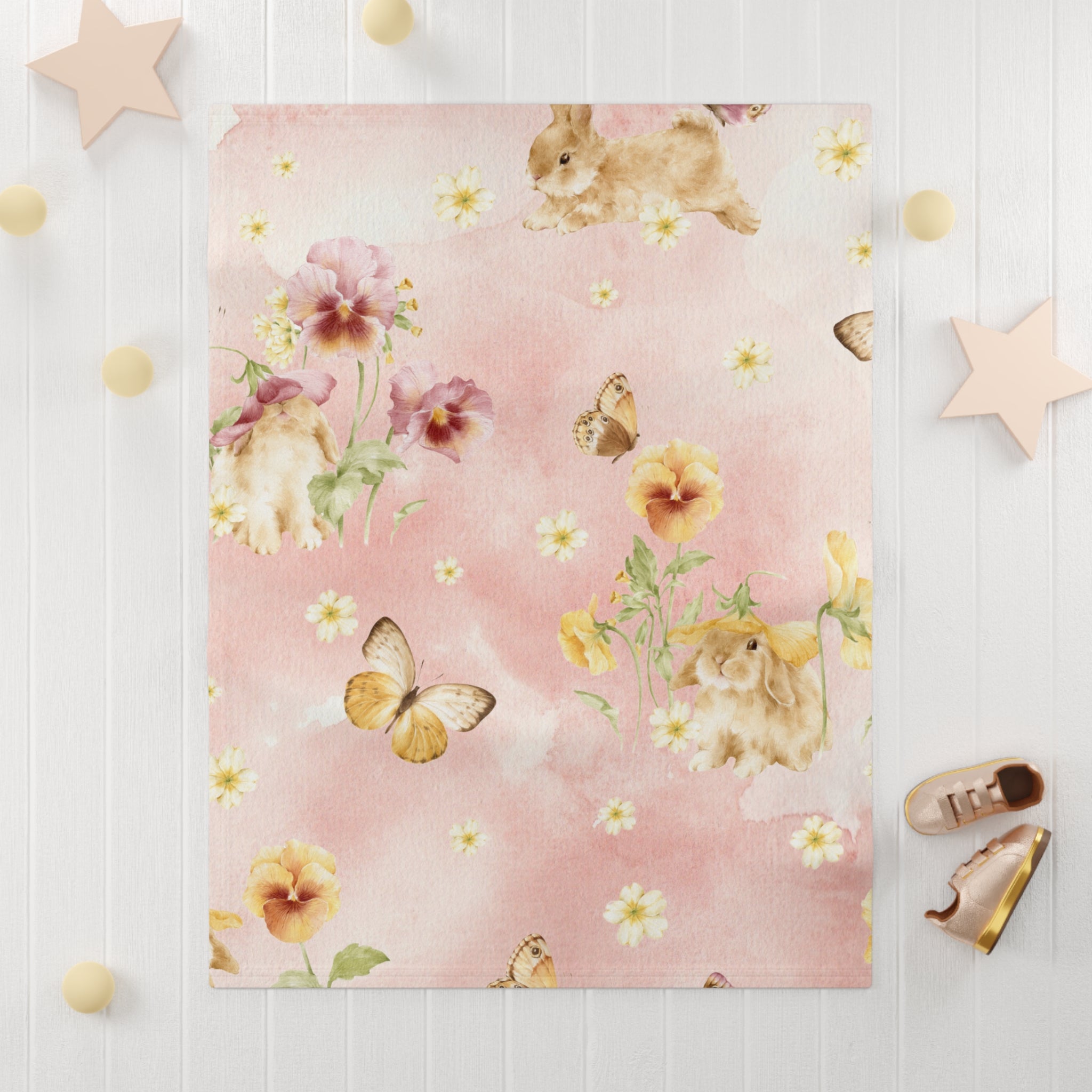 Watercolor Bunny Butterflies Baby Blanket | Pink Floral Fleece
