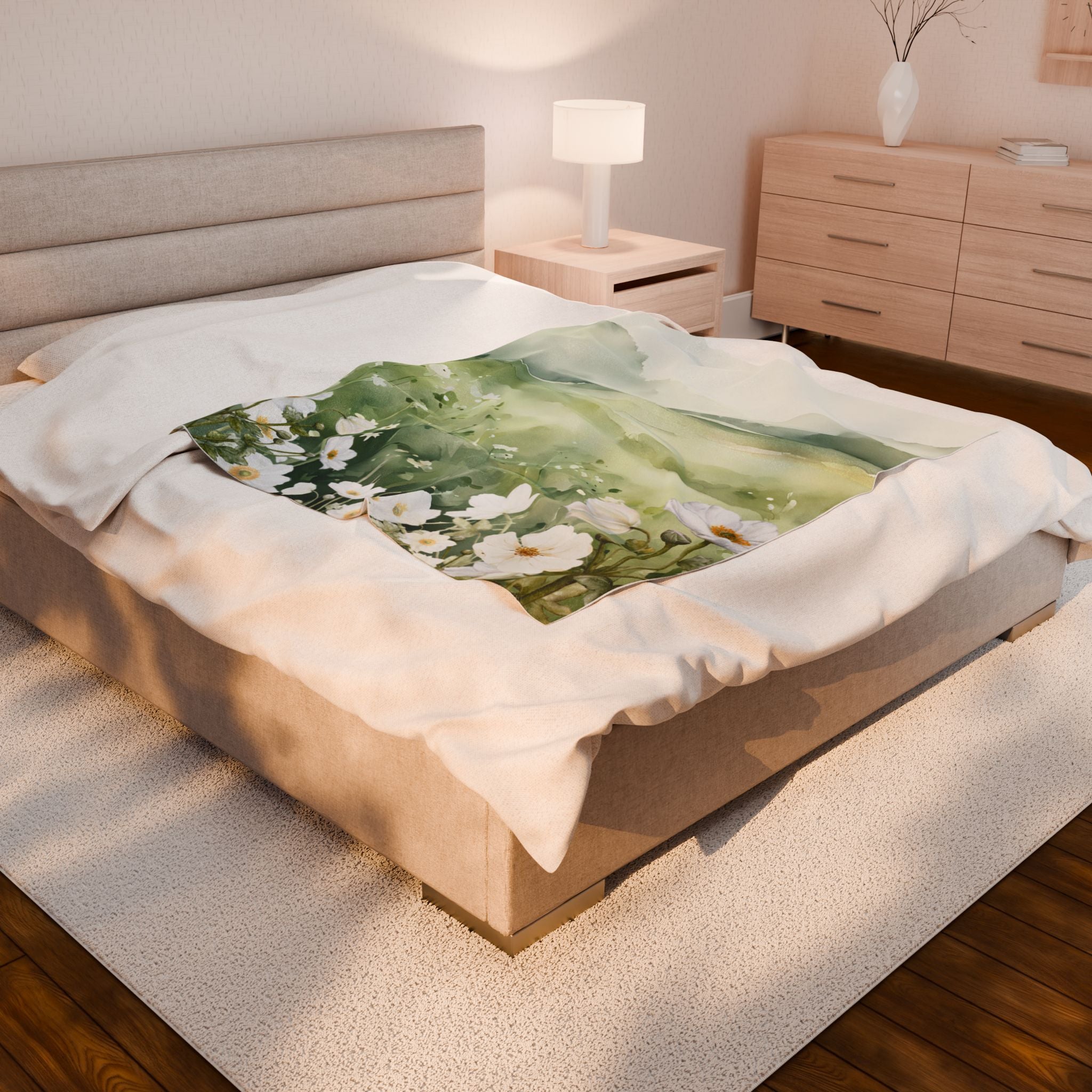 Plush Blanket Soft Green Landscape with Flower Design