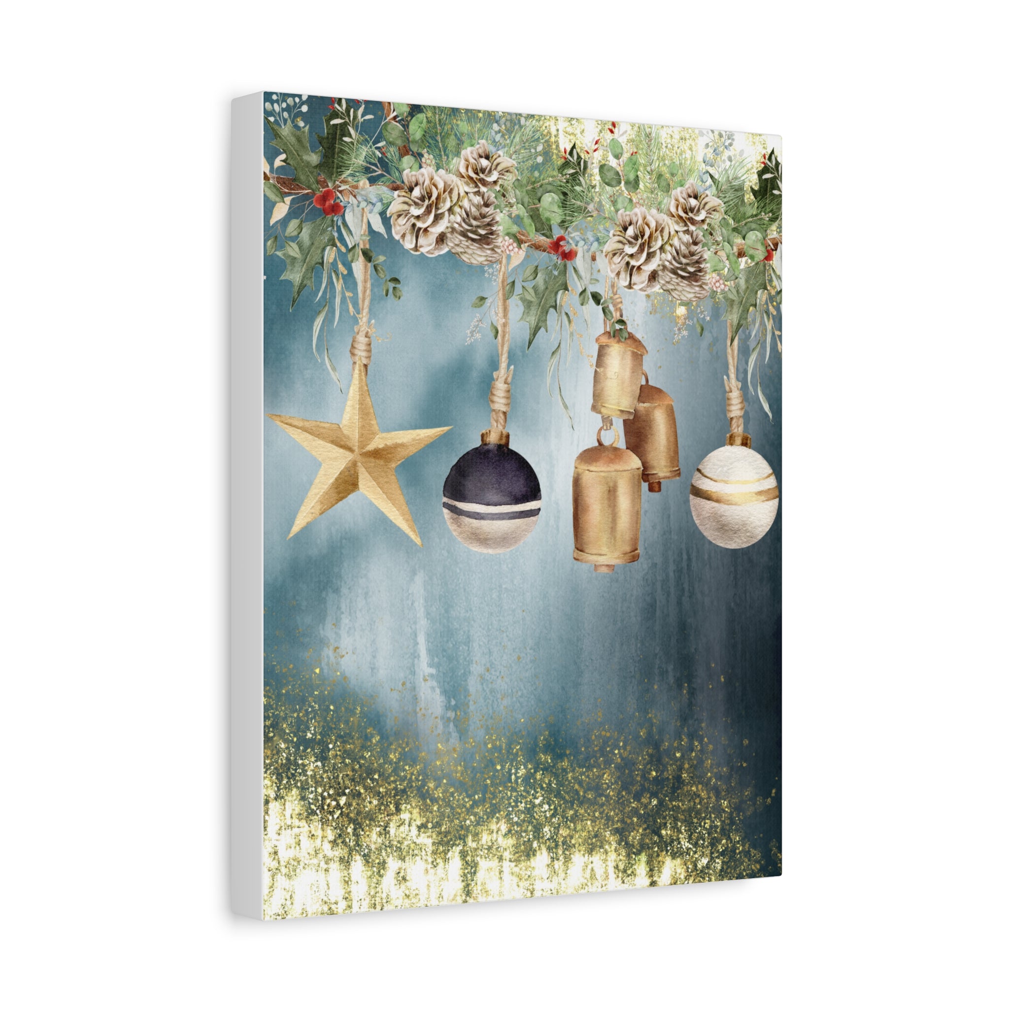Christmas Ornaments Canvas Wall Art – Festive Gold Bells & Pine Garland Matte Print