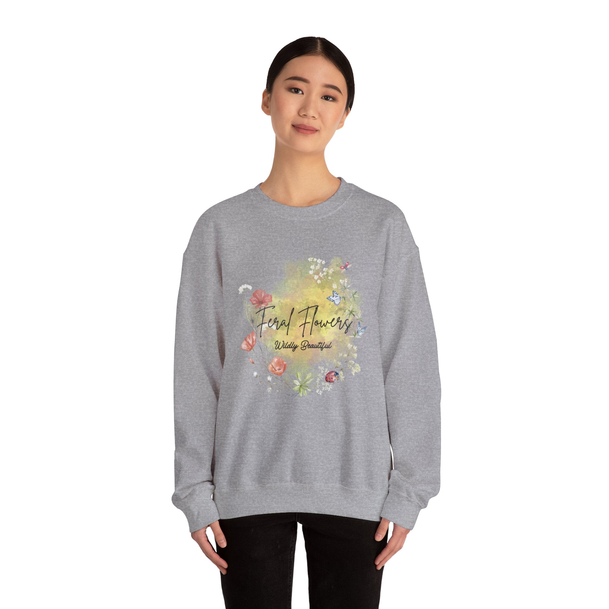 Crewneck Sweatshirt Feral Flowers Wildly Beautiful Slogan Watercolor Ladybugs Butterflies Floral Wreath