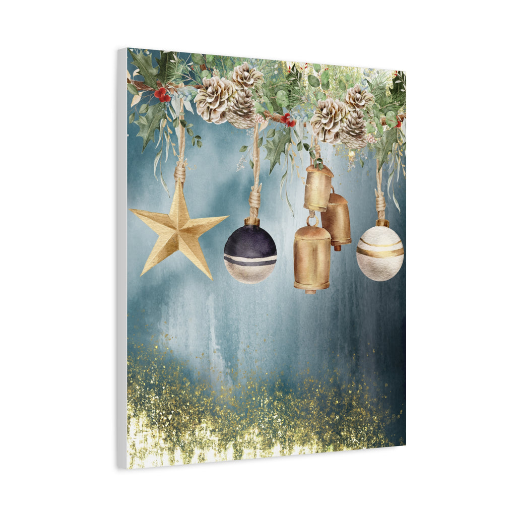 Christmas Ornaments Canvas Wall Art – Festive Gold Bells & Pine Garland Matte Print