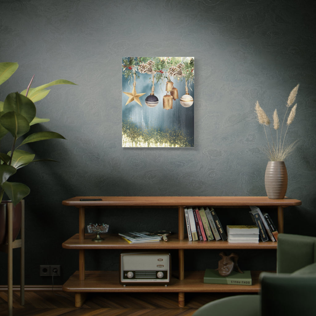 Christmas Ornaments Canvas Wall Art – Festive Gold Bells & Pine Garland Matte Print