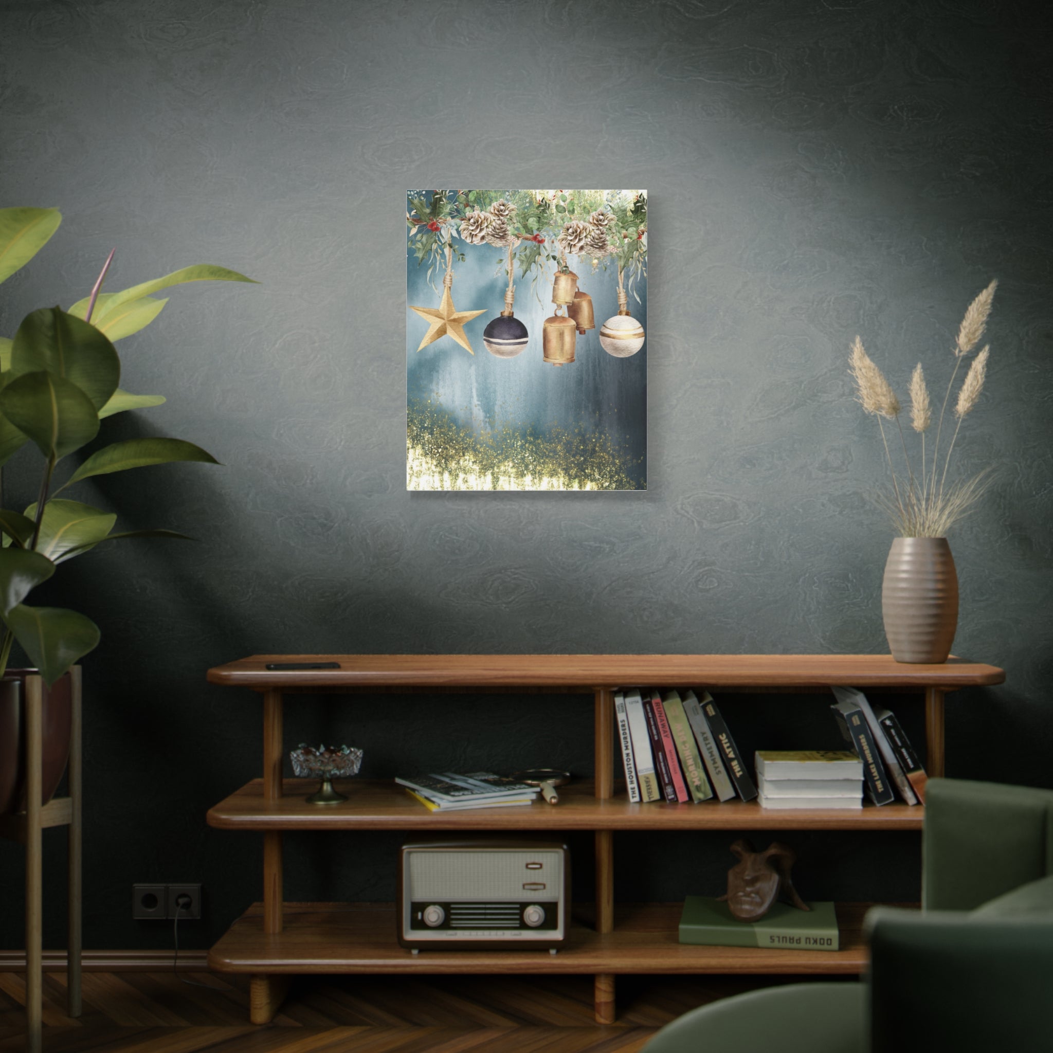 Christmas Ornaments Canvas Wall Art – Festive Gold Bells & Pine Garland Matte Print