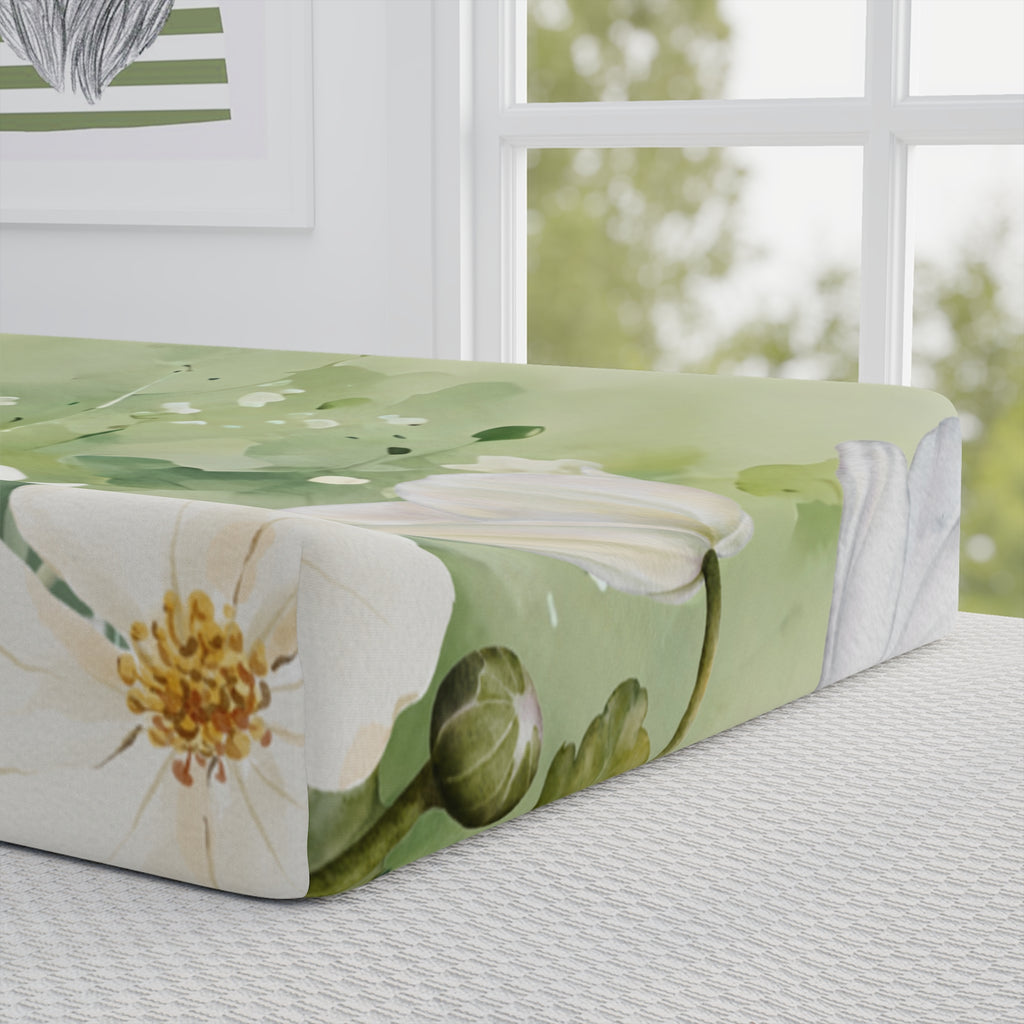 Floral Baby Changing Pad Cover - Soft Green & White Bloom Design